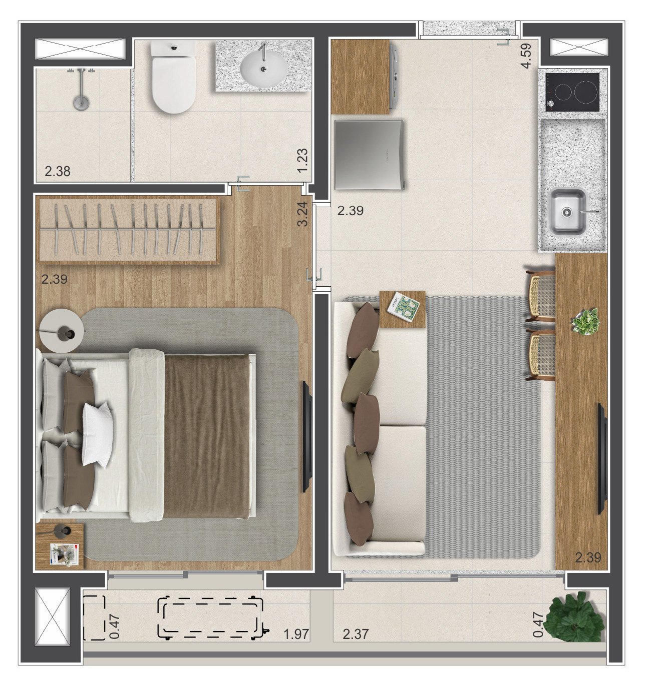Planta 28m² — 1 dorm.