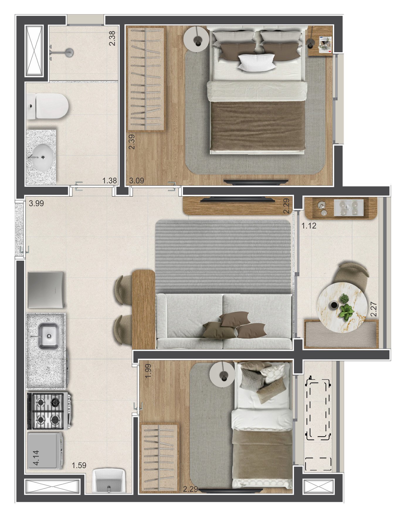 Planta 36m² — 2 dorms.