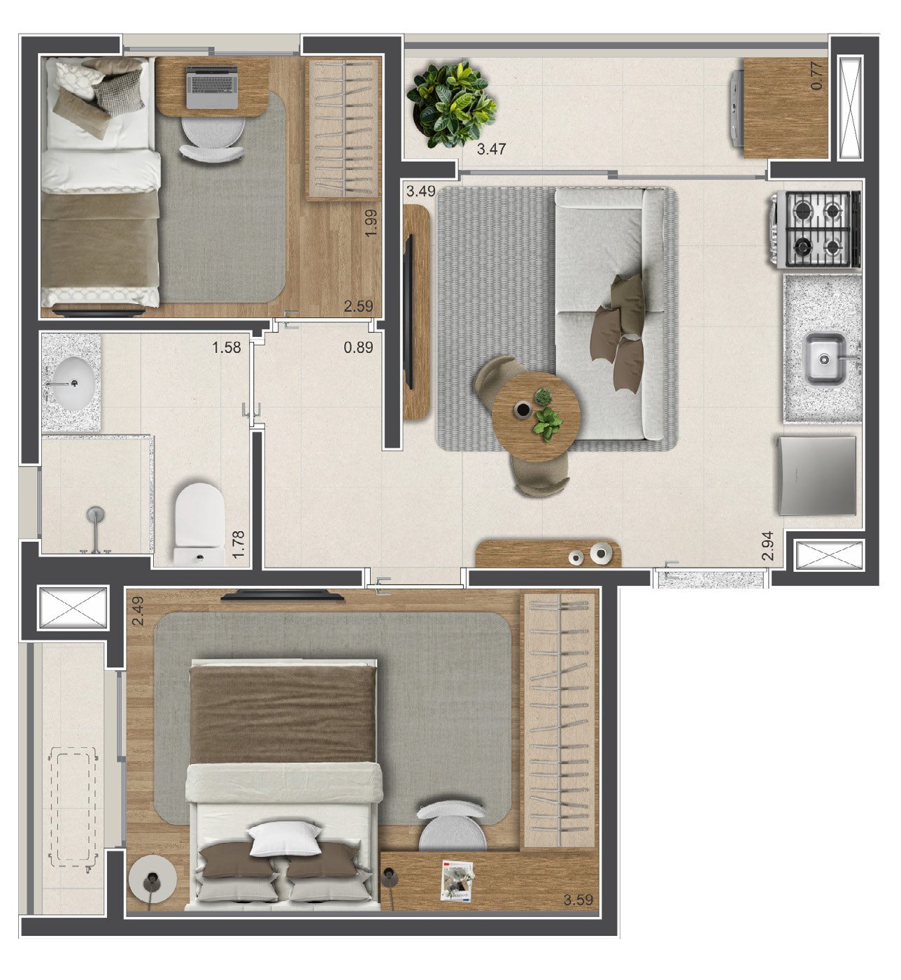 Planta 39m² — 2 dorms.