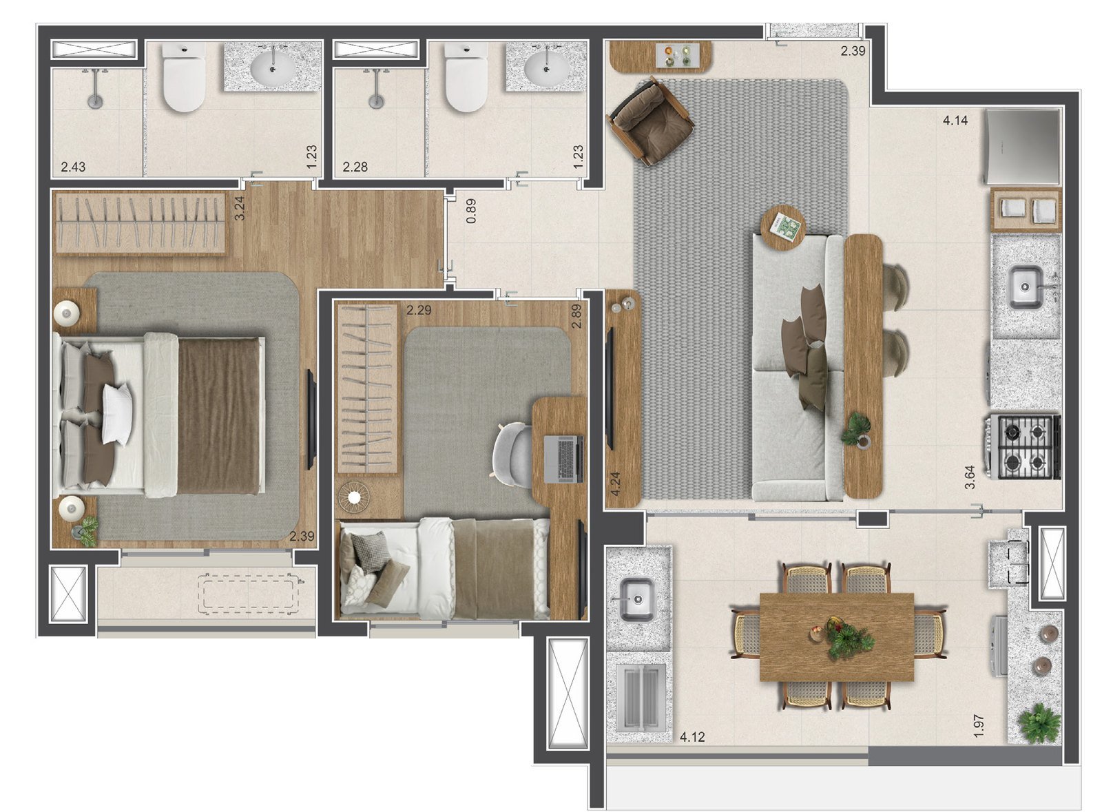 Planta 55m² — 2 dorms.