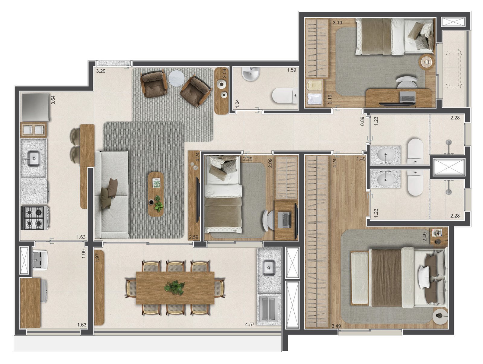 Planta 75m² — 3 dorms. · 1 suíte