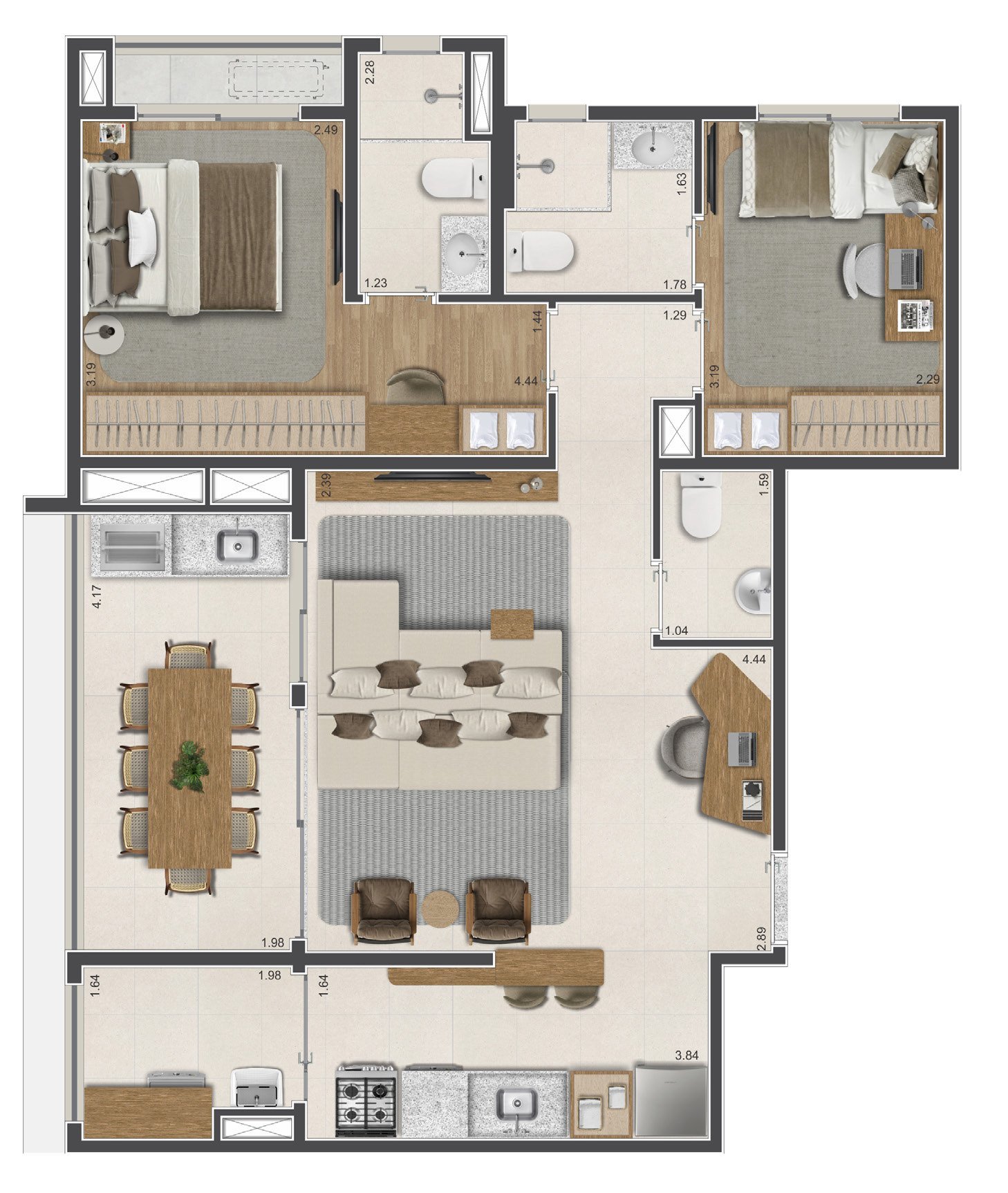 Planta 75m² — 2 suítes