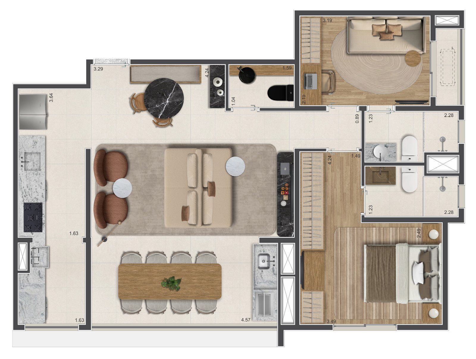 Planta 75m² — 2 suítes